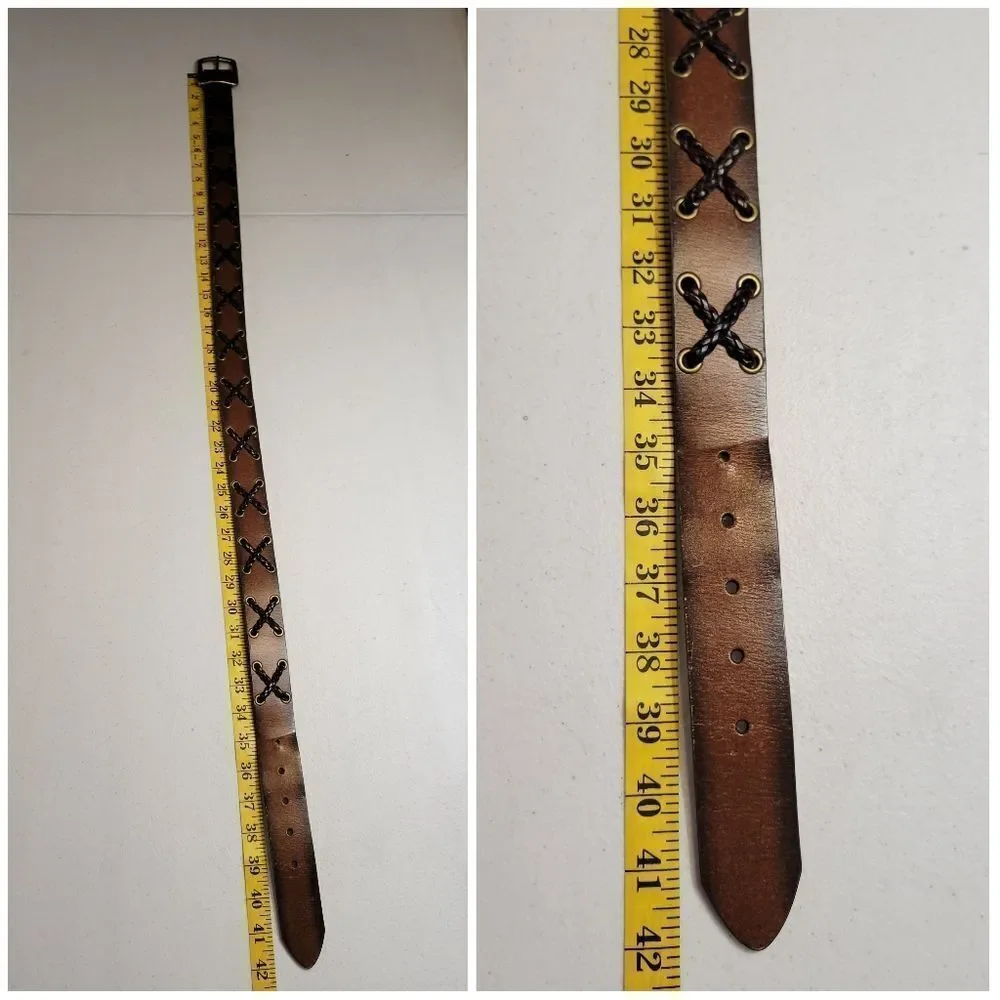 Brown Bonded Leather Belt with Brass Buckle Braided X Design Western